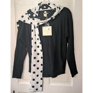 Cynthia Rowley Polka Dot Blouse Scarf Elegant Ribbed Small Black And White (746)
